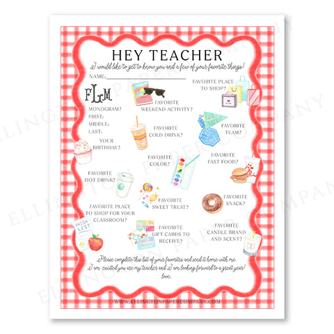 Printable "Hey Teacher" Wishlist, Red Scallop - Snack Option - Digital