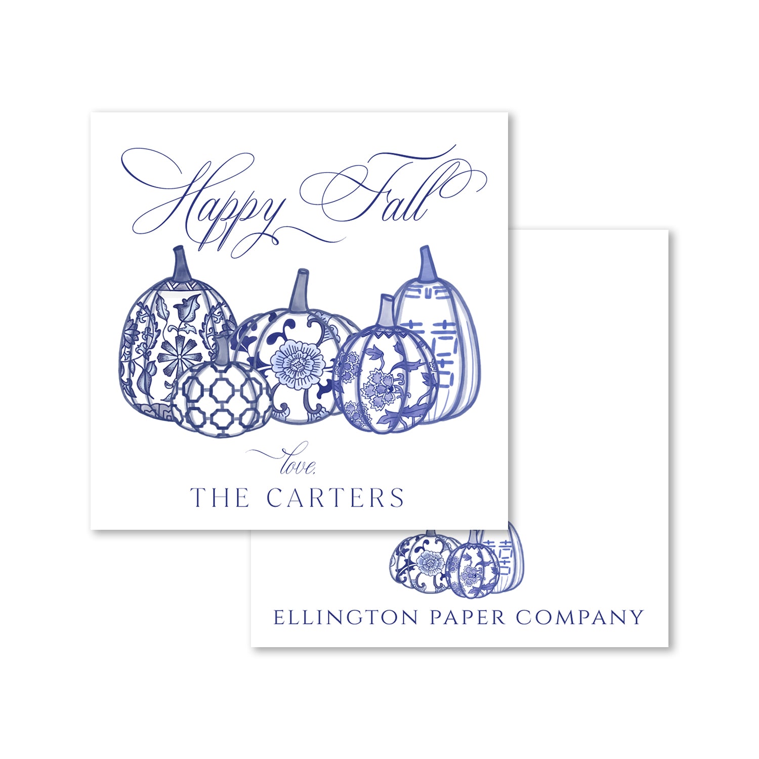 Happy Fall Blue Chinoiserie Pumpkin Enclosure Cards and Stickers