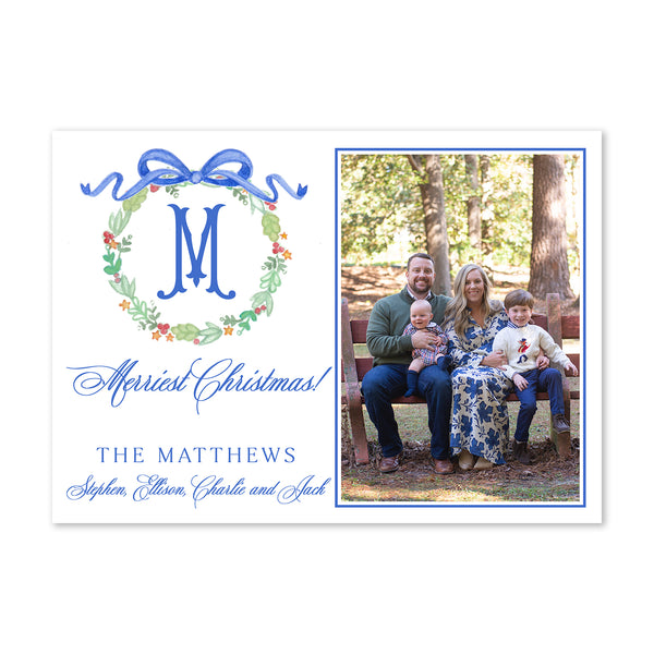 Merriest Holiday Wreath Holiday Photo Card, Blue
