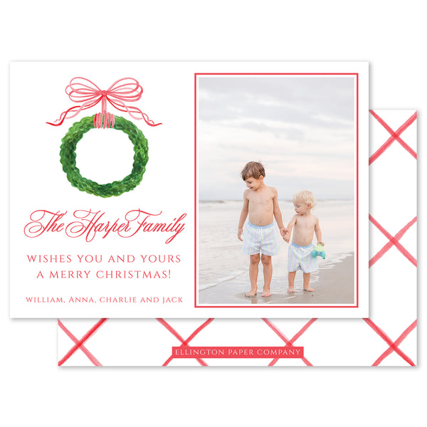 Bow & Boxwood Wreath Holiday Photo Card, Red