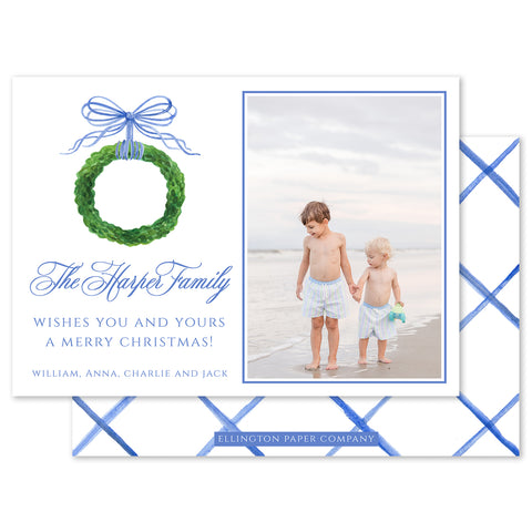 Bow & Boxwood Wreath Holiday Photo Card, Blue