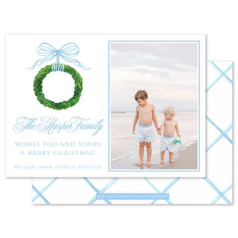 Bow & Boxwood Wreath Holiday Photo Card, Light Blue