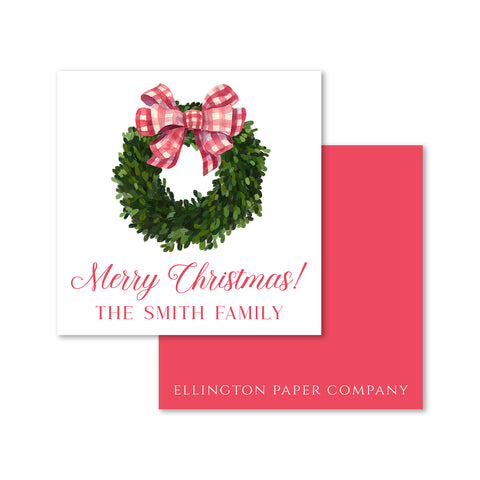 Gingham Bow Boxwood Wreath Holiday Enclosure Cards and Stickers