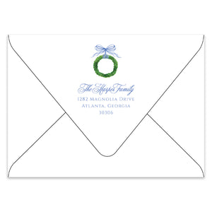 Bow & Boxwood Wreath Holiday Photo Card Address Printing Add-On, Blue