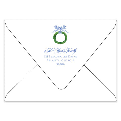 Bow & Boxwood Wreath Holiday Photo Card Address Printing Add-On, Blue