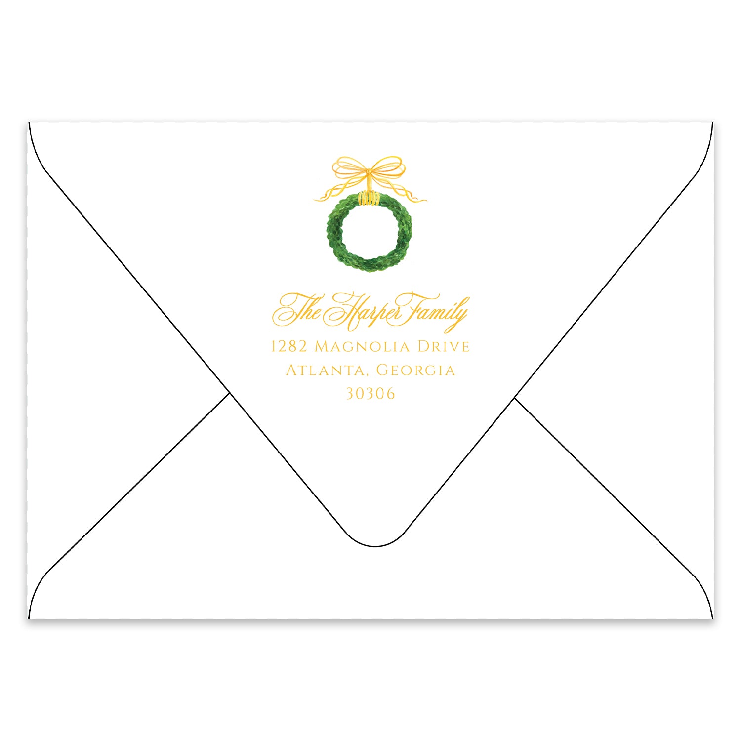 Bow & Boxwood Wreath Holiday Photo Card Address Printing Add-On, Gold