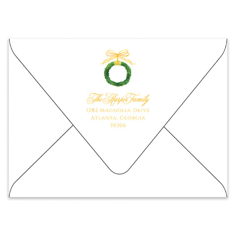 Bow & Boxwood Wreath Holiday Photo Card Address Printing Add-On, Gold