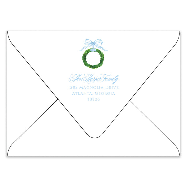Bow & Boxwood Wreath Holiday Photo Card Address Printing Add-On, Light Blue