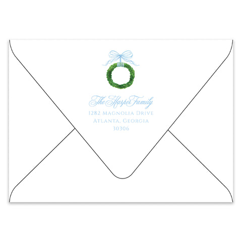 Bow & Boxwood Wreath Holiday Photo Card Address Printing Add-On, Light Blue