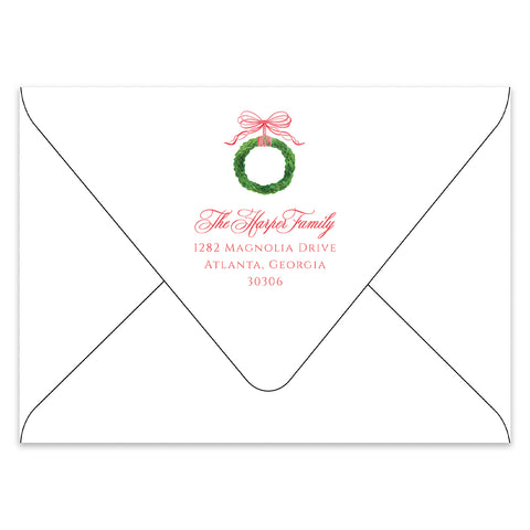 Bow & Boxwood Wreath Holiday Photo Card Address Printing Add-On, Red