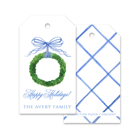 Bow & Boxwood Wreath Holiday Gift Tags, Blue
