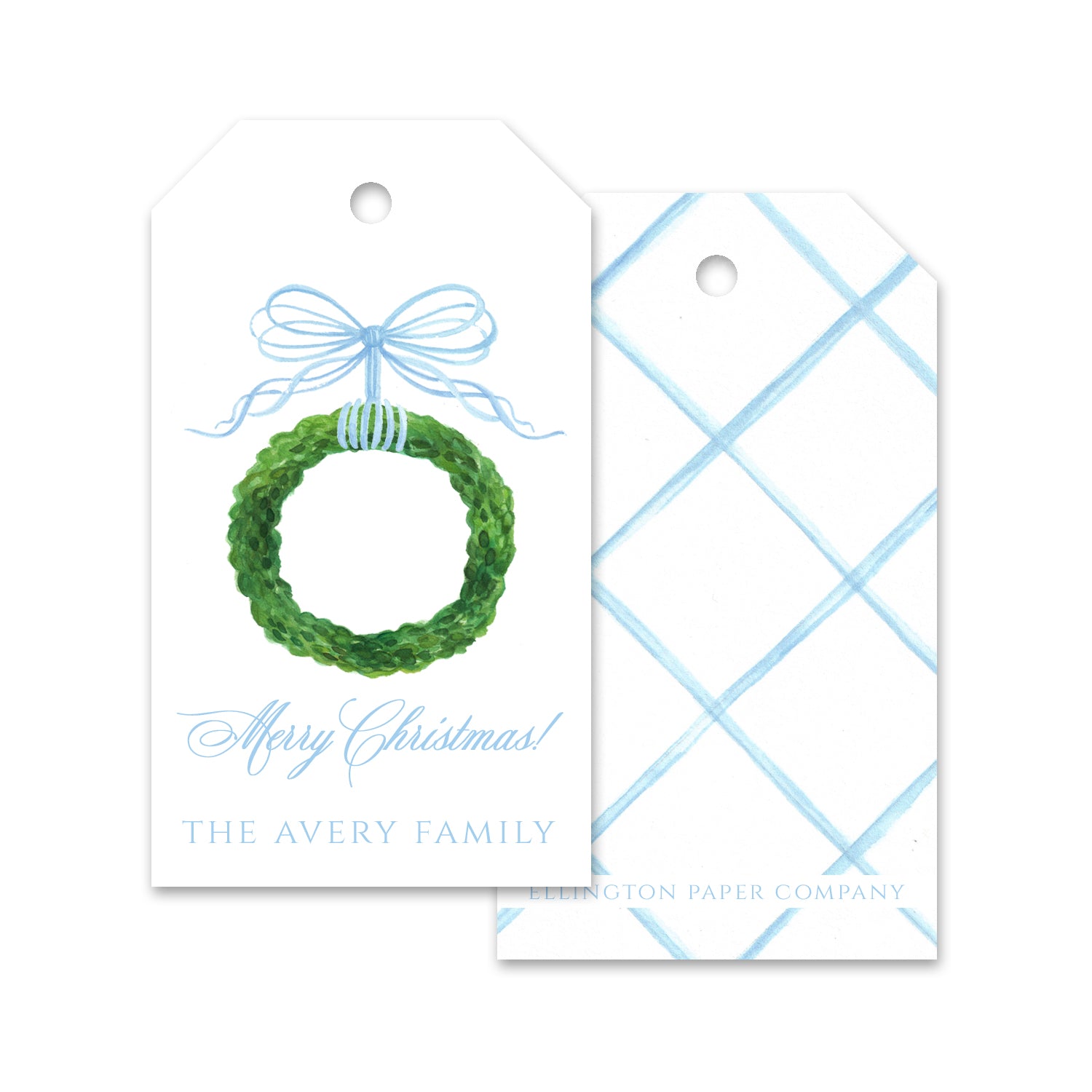 Bow & Boxwood Wreath Holiday Gift Tags, Light Blue