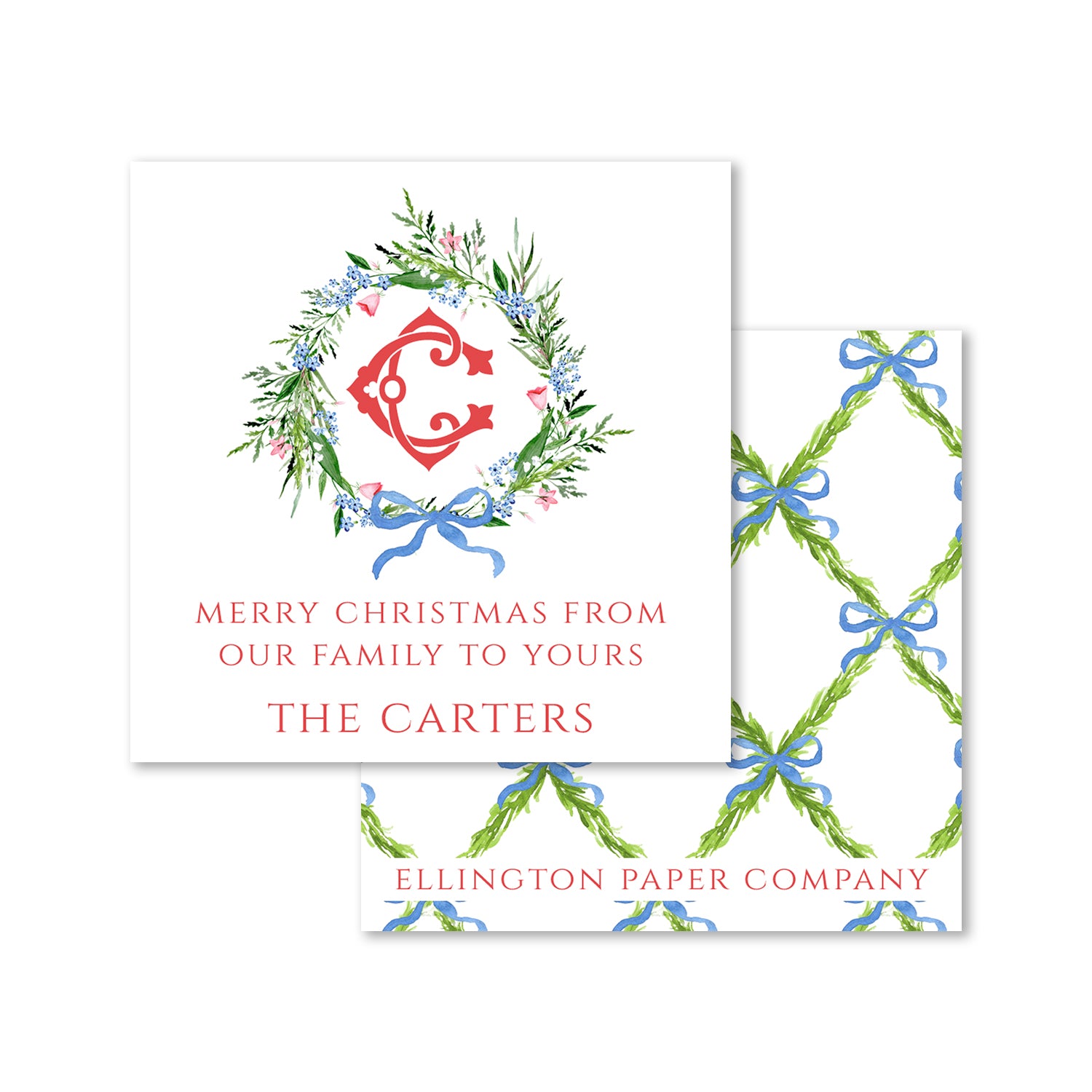 Monogram Blue Bow Wreath Holiday Enclosure Cards and Stickers
