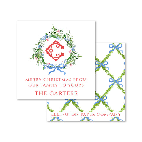 Monogram Blue Bow Wreath Holiday Enclosure Cards and Stickers