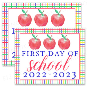 Printable First and Last Day of School Sign with Primary Windowpane Pattern and Script Font - Digital