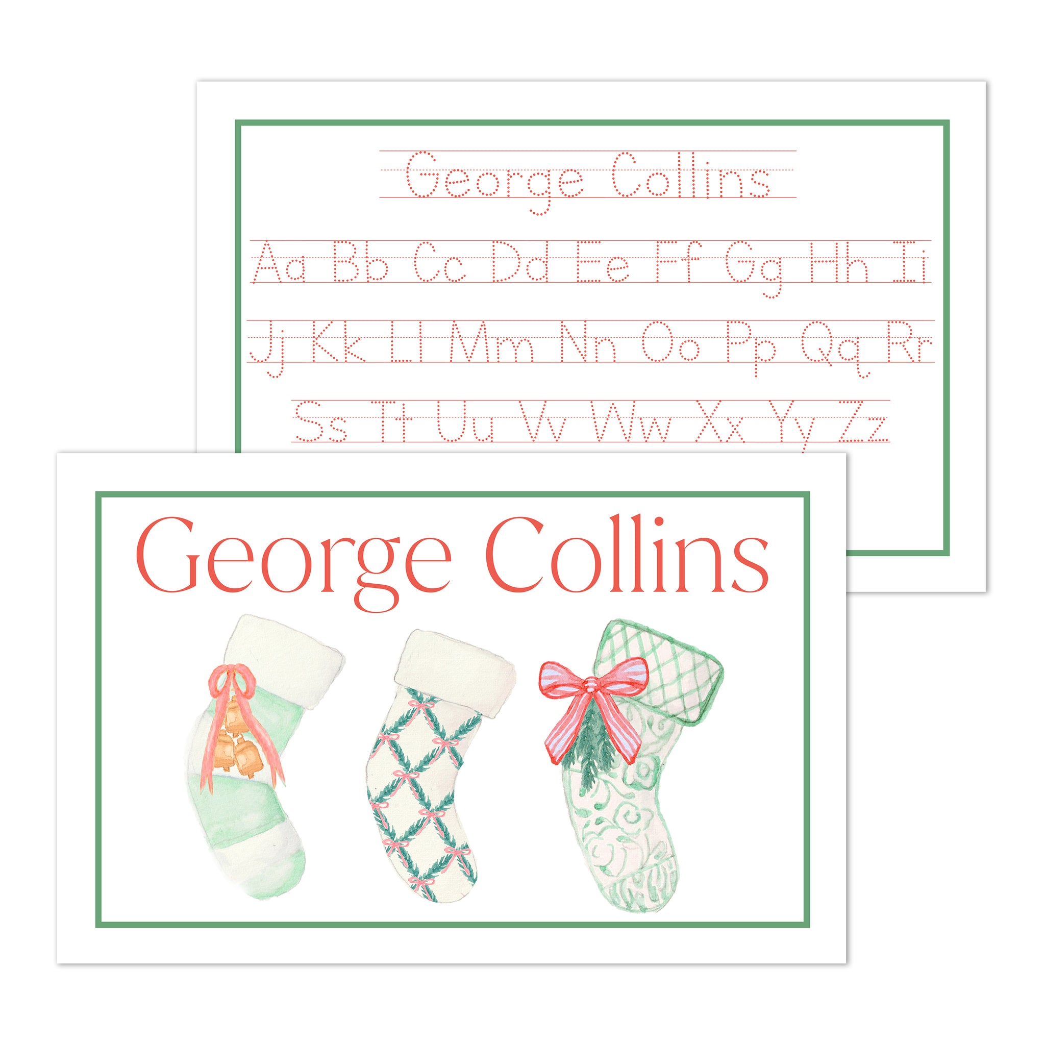 Stockings Laminated Placemat, Red and Green with Block Letters