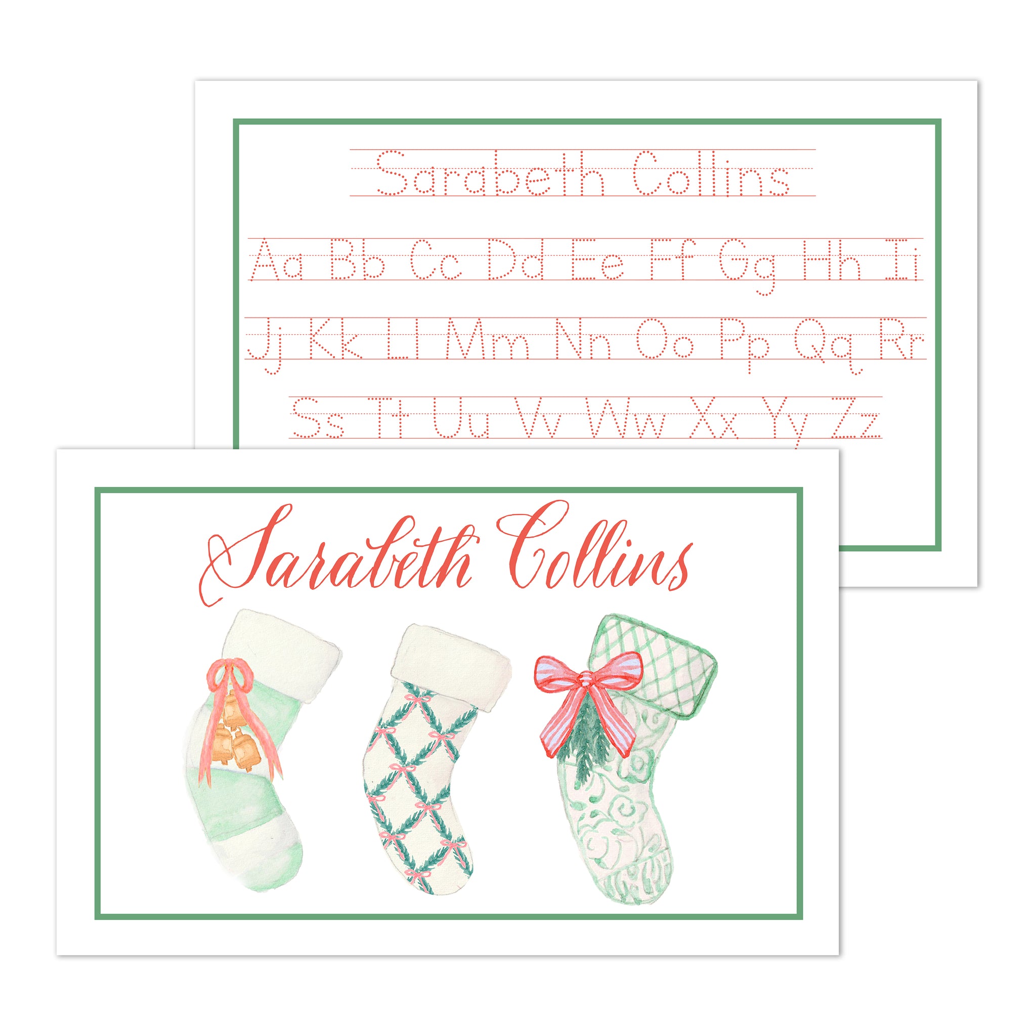 Stockings Laminated Placemat, Red and Green with Script Letters